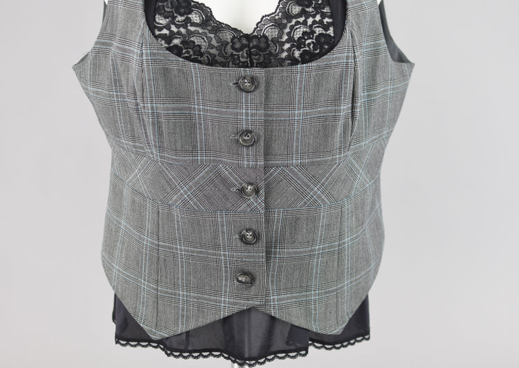 90s Gray Plaid Fitted Waistcoat Vest, New York & Company Women's Size 14