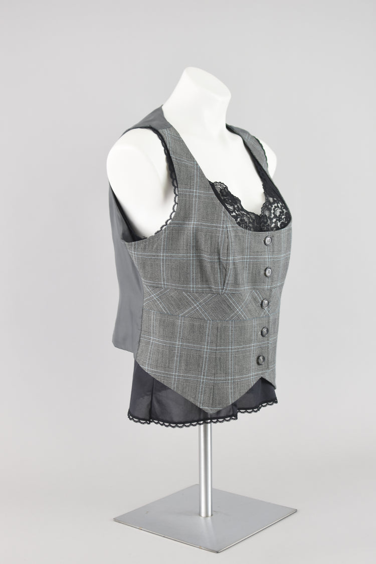 90s Gray Plaid Fitted Waistcoat Vest, New York & Company Women's Size 14