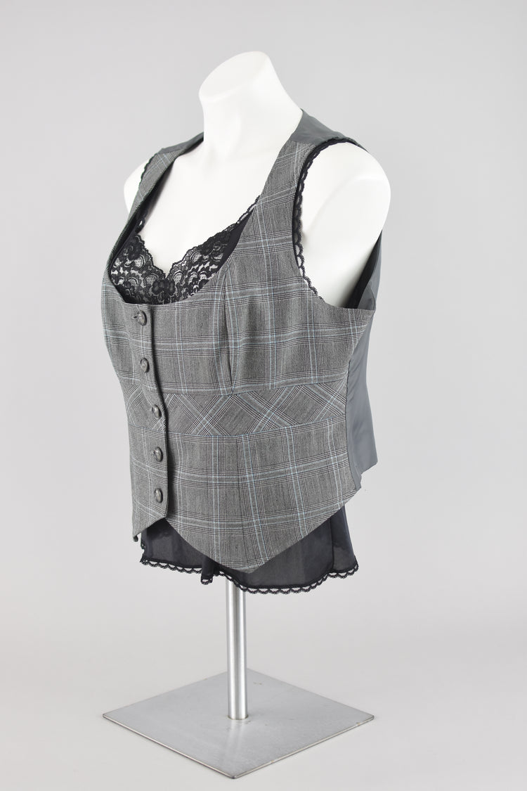 90s Gray Plaid Fitted Waistcoat Vest, New York & Company Women's Size 14