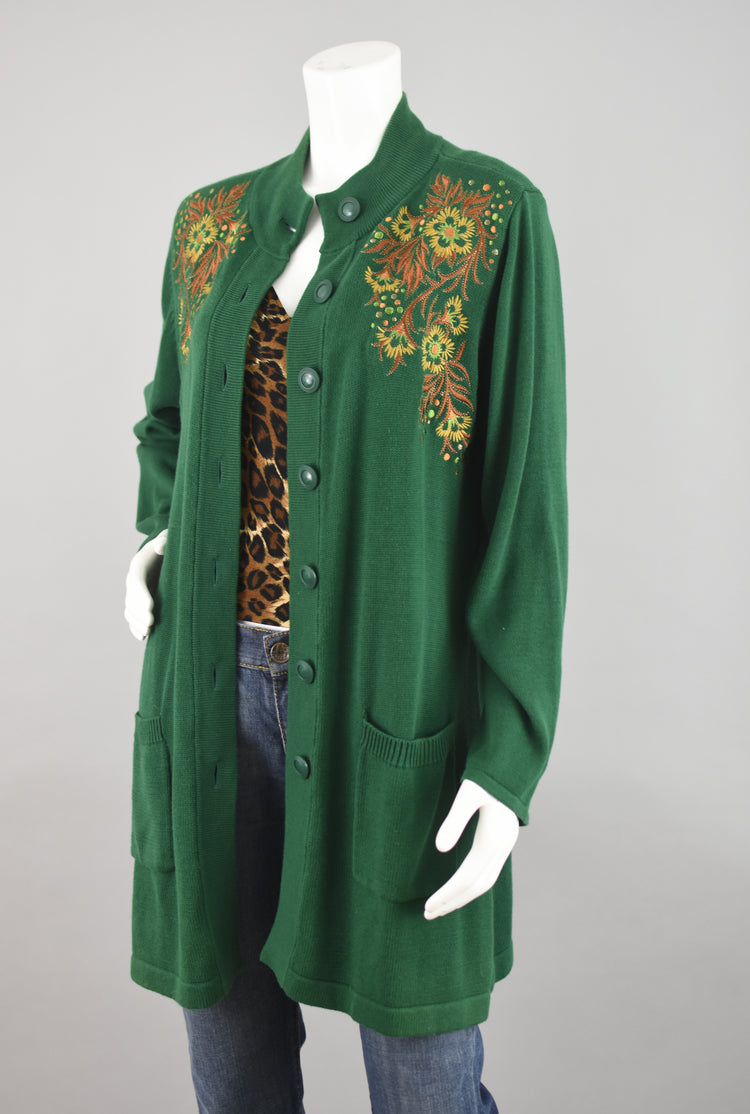 Vintage Bob Mackie Wearable Art Green Cardigan Women's Large