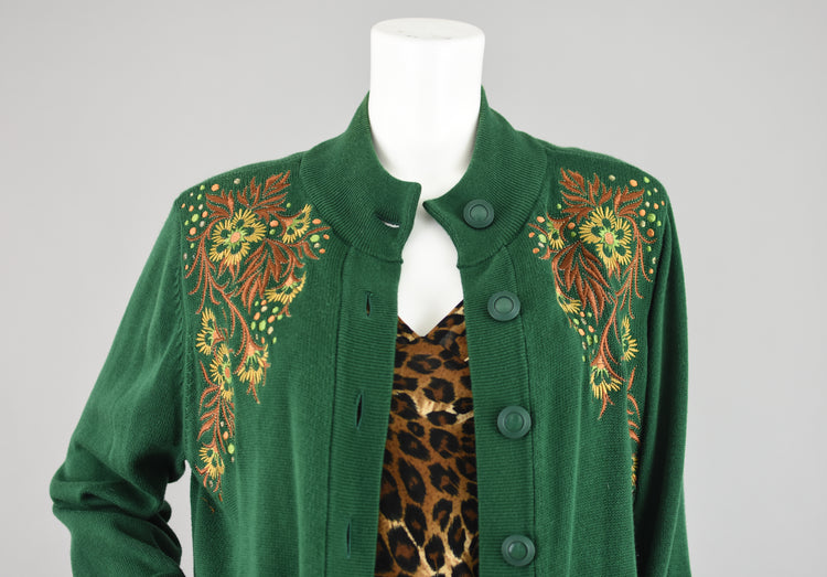 Vintage Bob Mackie Wearable Art Green Cardigan Women's Large