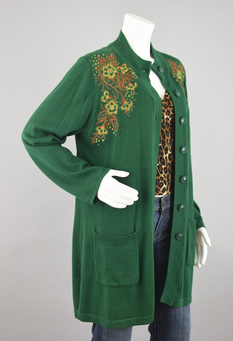 Vintage Bob Mackie Wearable Art Green Cardigan Women's Large