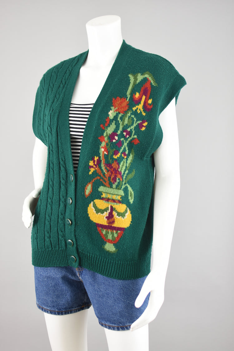 Vintage Green Cable Knit Sweater Vest, Women's Small