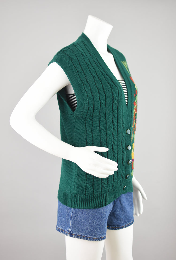 Vintage Green Cable Knit Sweater Vest, Women's Small