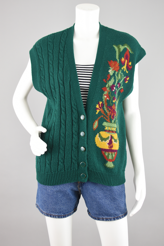 Vintage Green Cable Knit Sweater Vest, Women's Small