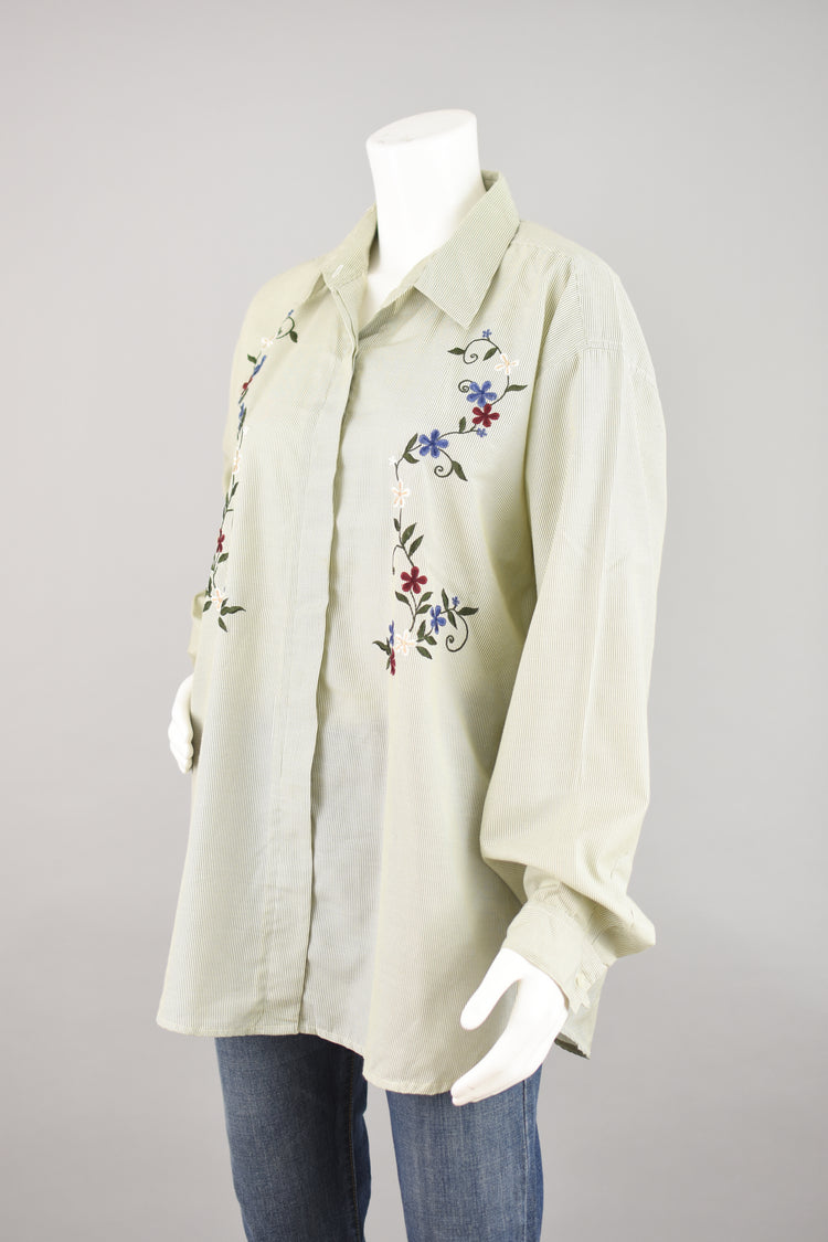 Vintage Embroidered Flowers Button Down Shirt Women's Extra Large