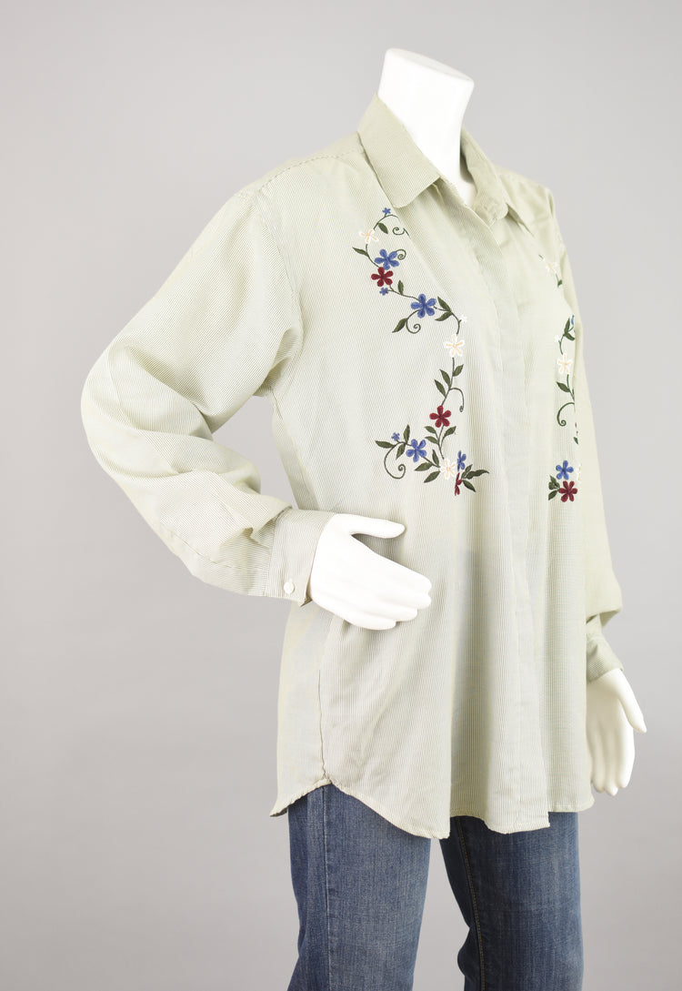 Vintage Embroidered Flowers Button Down Shirt Women's Extra Large