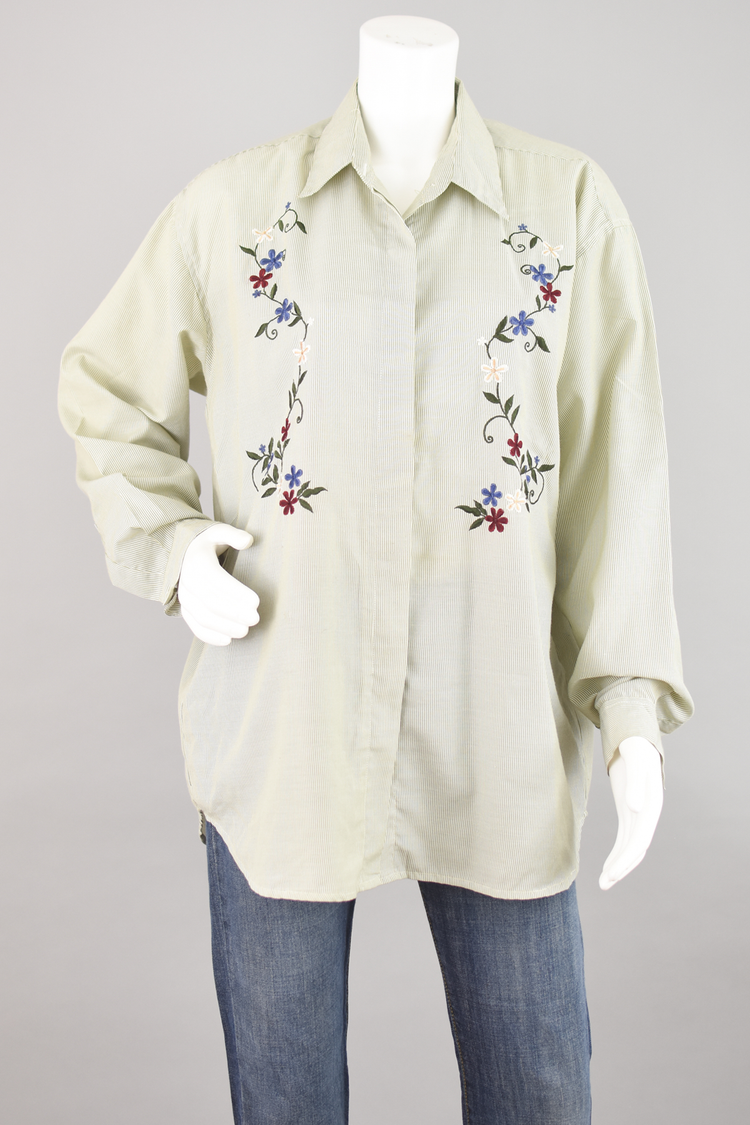 Vintage Embroidered Flowers Button Down Shirt Women's Extra Large