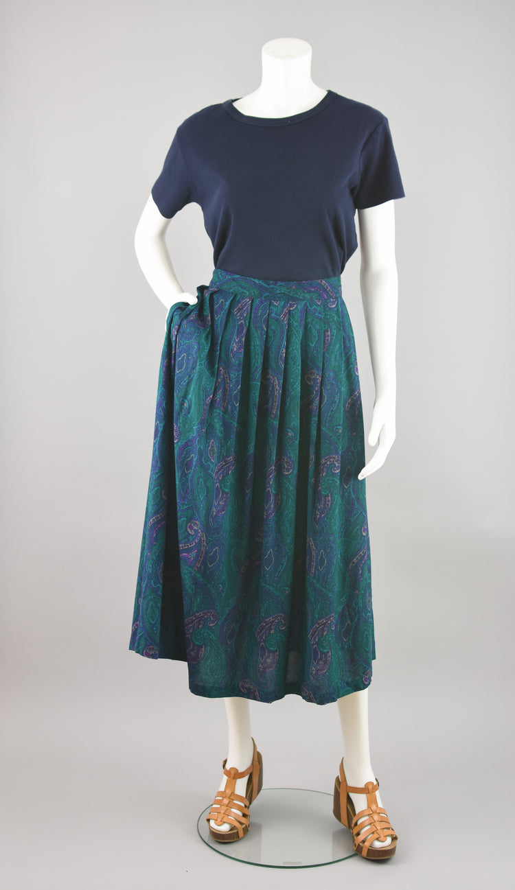 80s Green Paisley Pleated Midi Skirt Women's 30" Waist