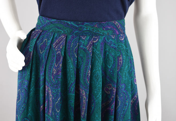 80s Green Paisley Pleated Midi Skirt Women's 30" Waist