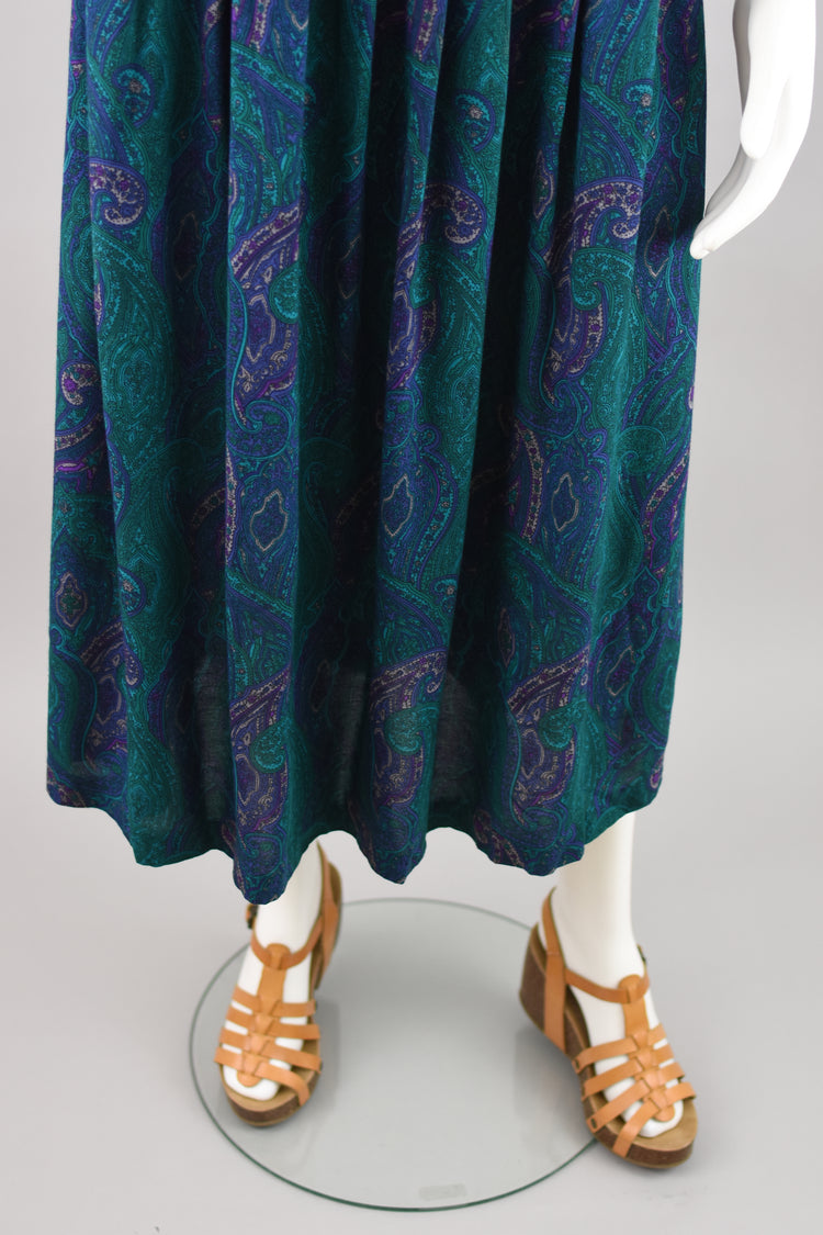 80s Green Paisley Pleated Midi Skirt Women's 30" Waist