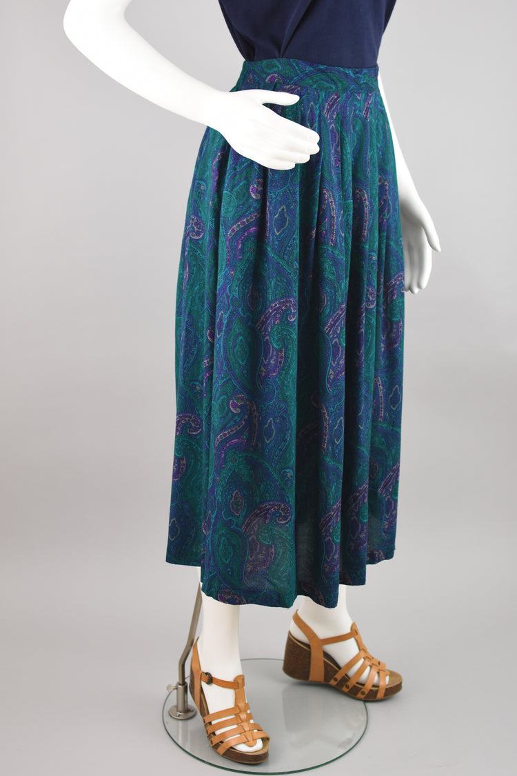 80s Green Paisley Pleated Midi Skirt Women's 30" Waist