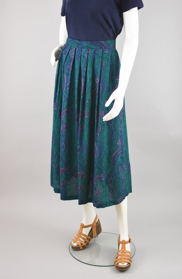 80s Green Paisley Pleated Midi Skirt Women's 30" Waist