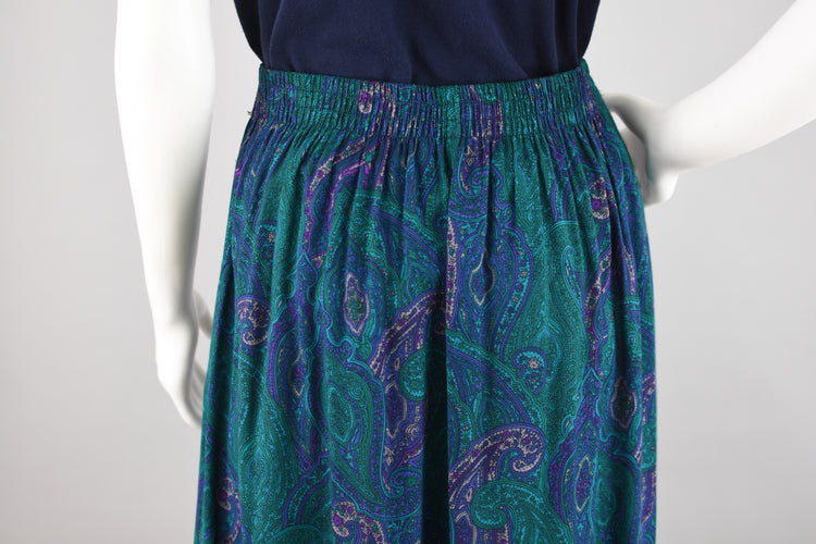 80s Green Paisley Pleated Midi Skirt Women's 30" Waist