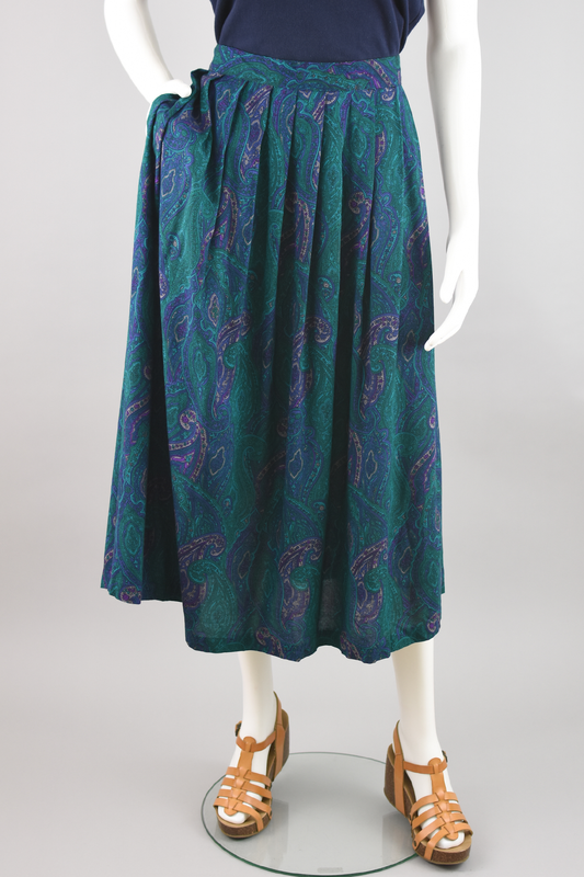 80s Green Paisley Pleated Midi Skirt Women's 30" Waist