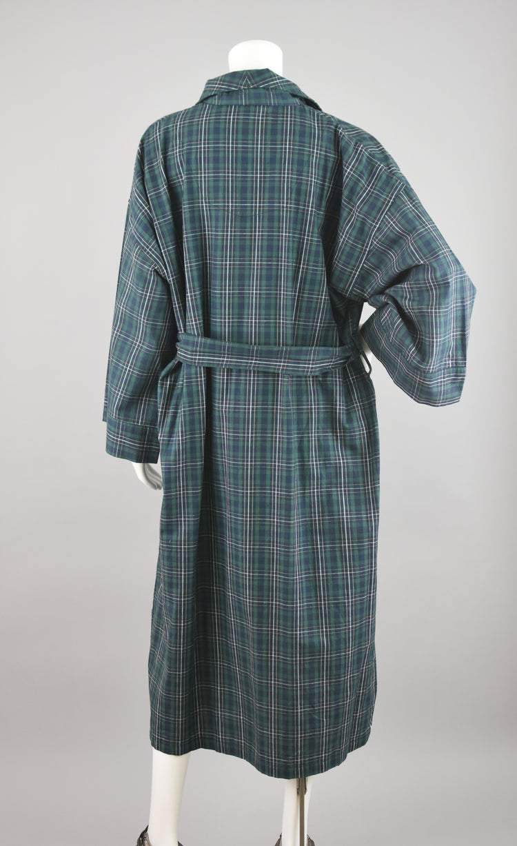 90s Green & Blue Plaid House Robe with Tied Waist, Men's One Size