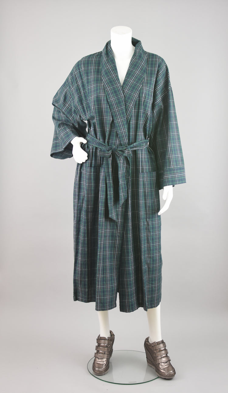 90s Green & Blue Plaid House Robe with Tied Waist, Men's One Size