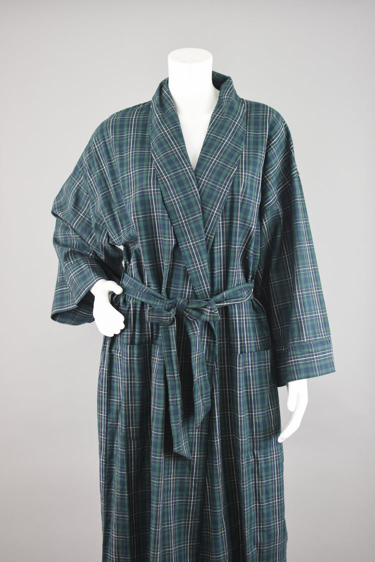 90s Green & Blue Plaid House Robe with Tied Waist, Men's One Size