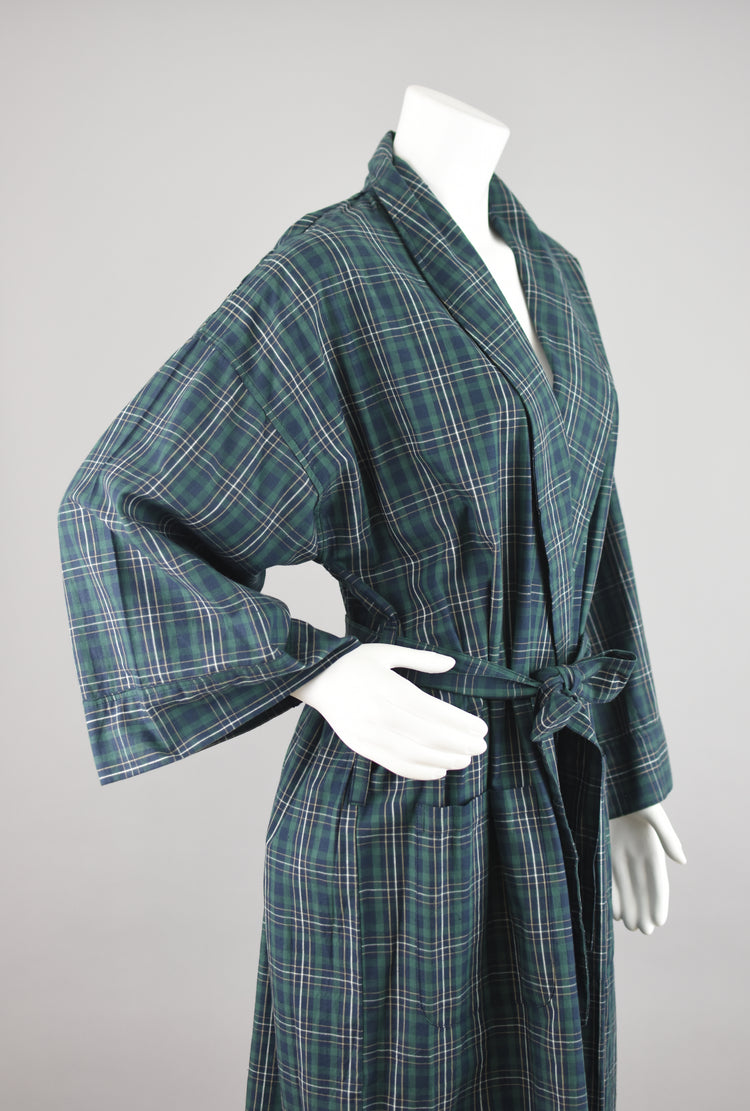 90s Green & Blue Plaid House Robe with Tied Waist, Men's One Size