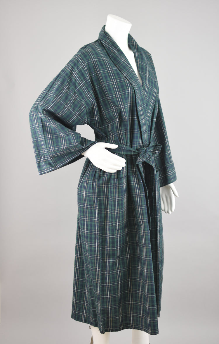 90s Green & Blue Plaid House Robe with Tied Waist, Men's One Size