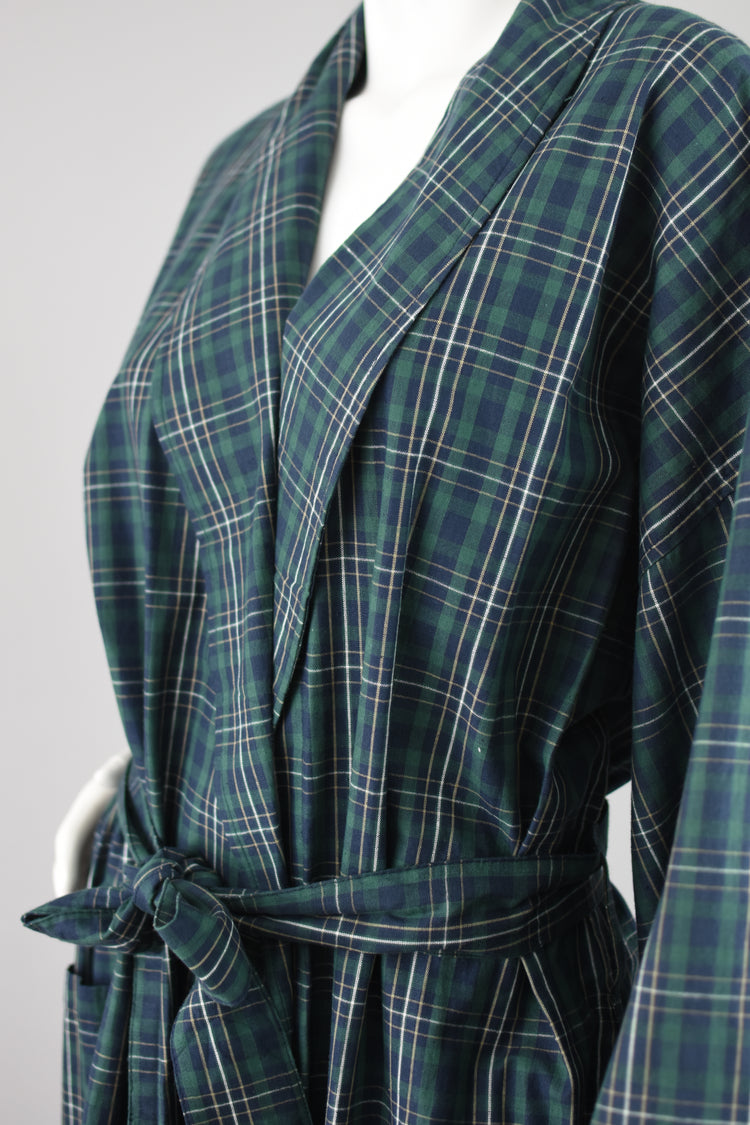 90s Green & Blue Plaid House Robe with Tied Waist, Men's One Size