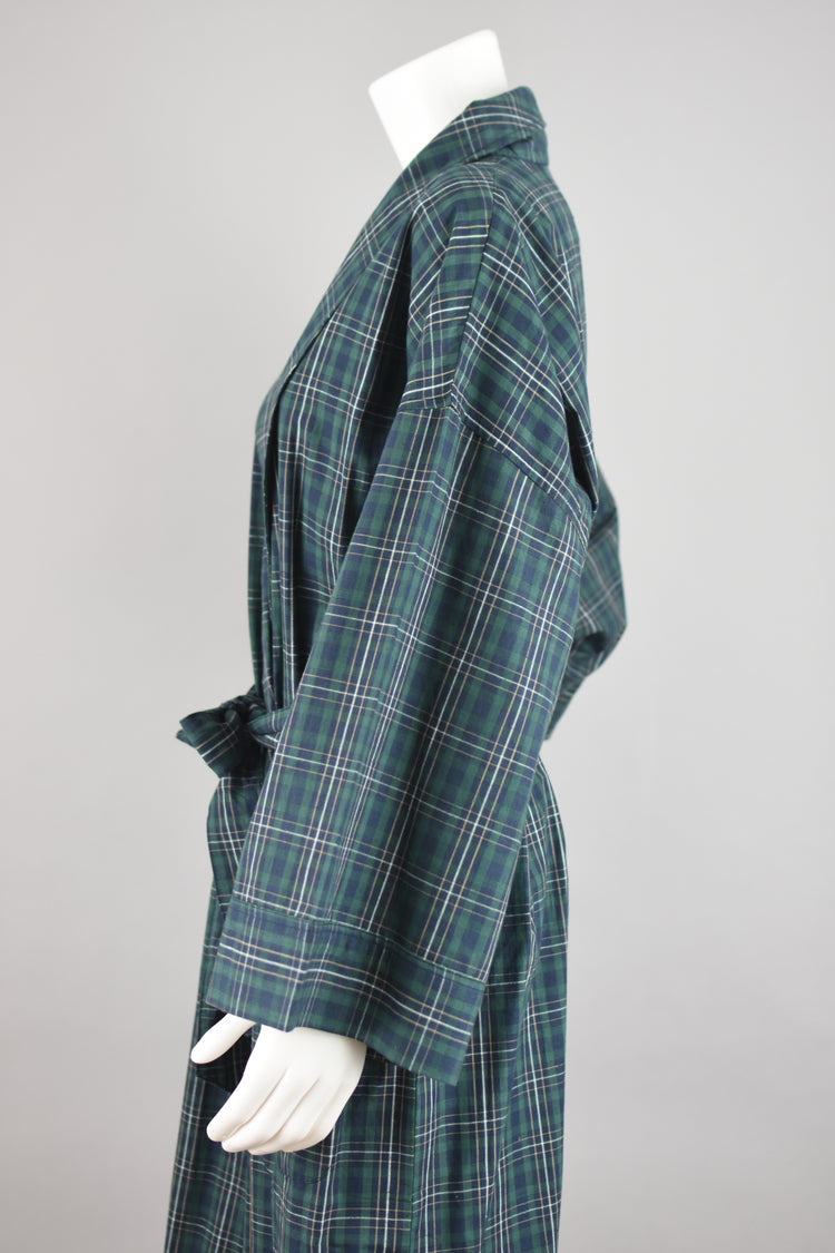 90s Green & Blue Plaid House Robe with Tied Waist, Men's One Size