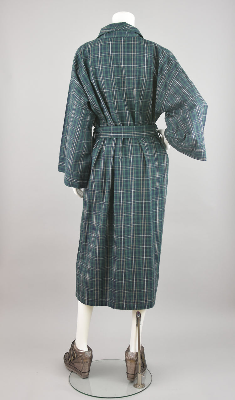 90s Green & Blue Plaid House Robe with Tied Waist, Men's One Size