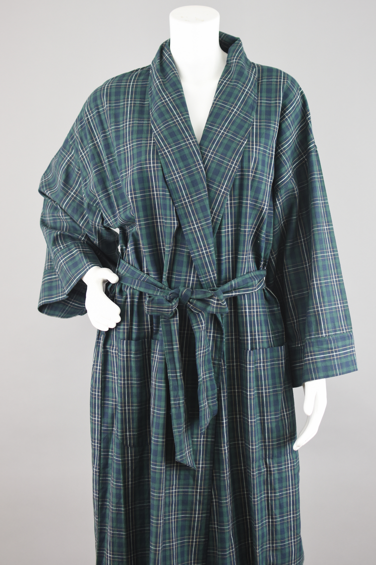 90s Green & Blue Plaid House Robe with Tied Waist, Men's One Size