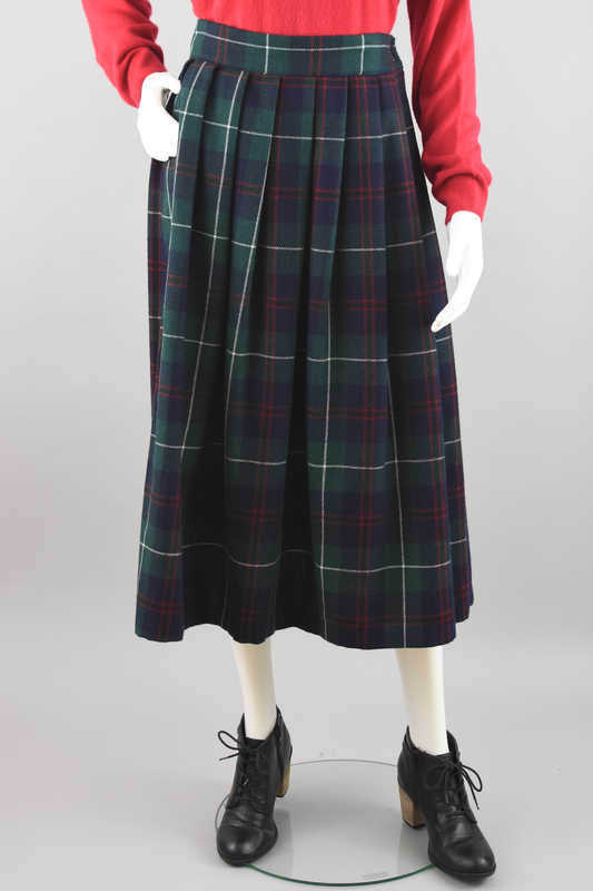 80s High Waist Plaid Wool Midi Skirt Women's Waist 28