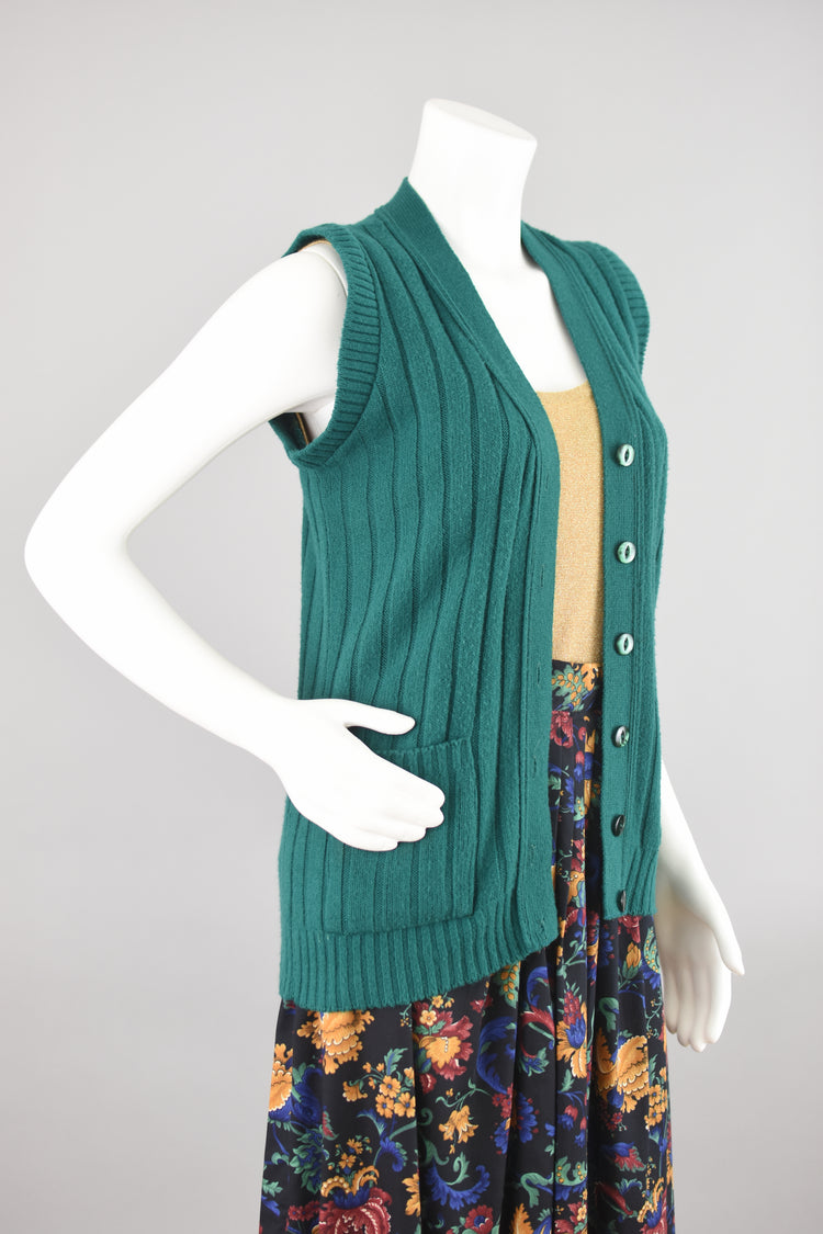 70s Ribbed Green Sweater Vest, Button Down Cardigan, Size Small