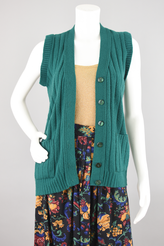 70s Ribbed Green Sweater Vest, Button Down Cardigan, Size Small