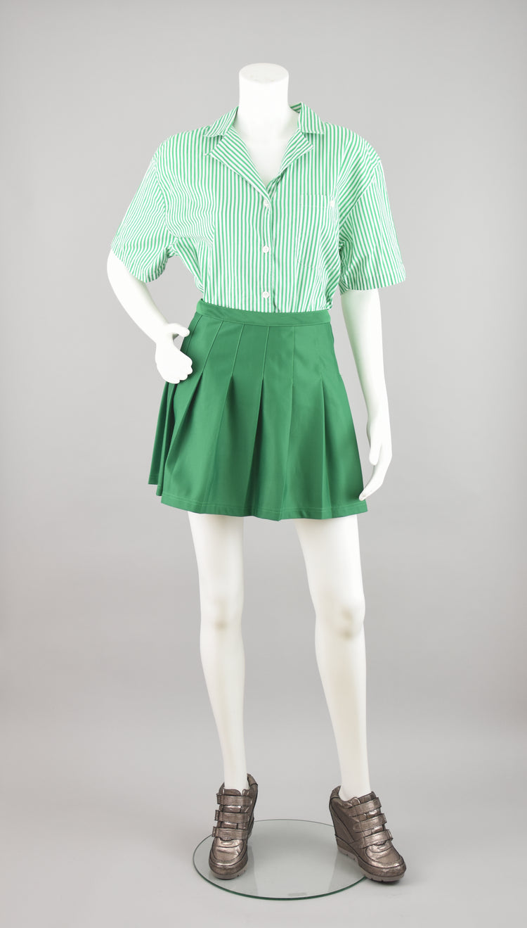 90s High Waisted Green Cheerleading Pleated Mini Skirt, 28" Waist