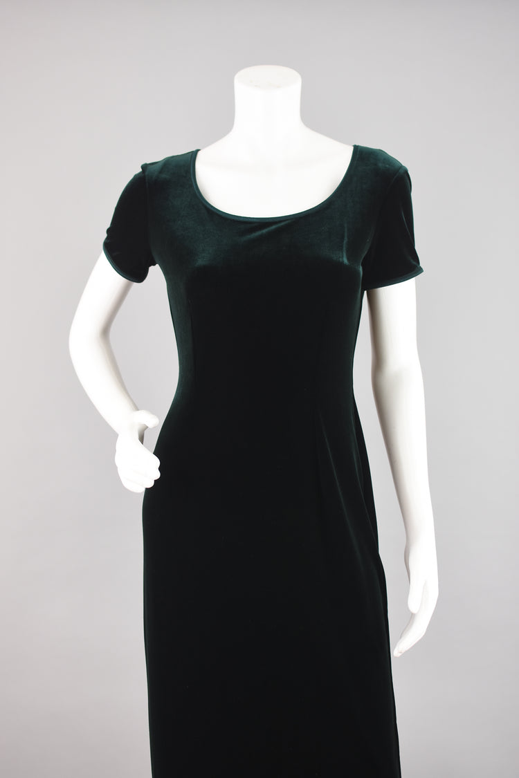 90s Dark Green Velvet Midi Sheath Dress Women's Petite 6