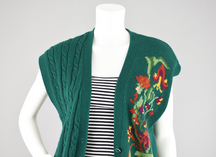 Vintage Green Cable Knit Sweater Vest, Women's Small