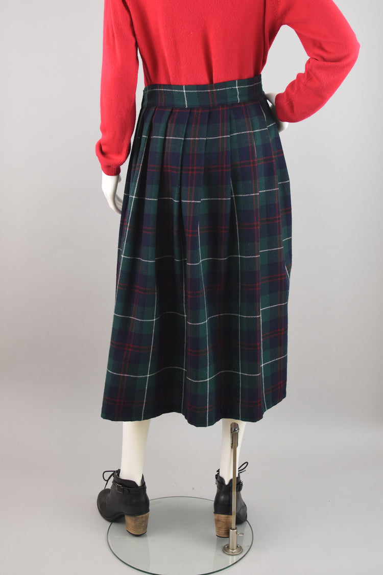 80s High Waist Plaid Wool Midi Skirt Women's Waist 28