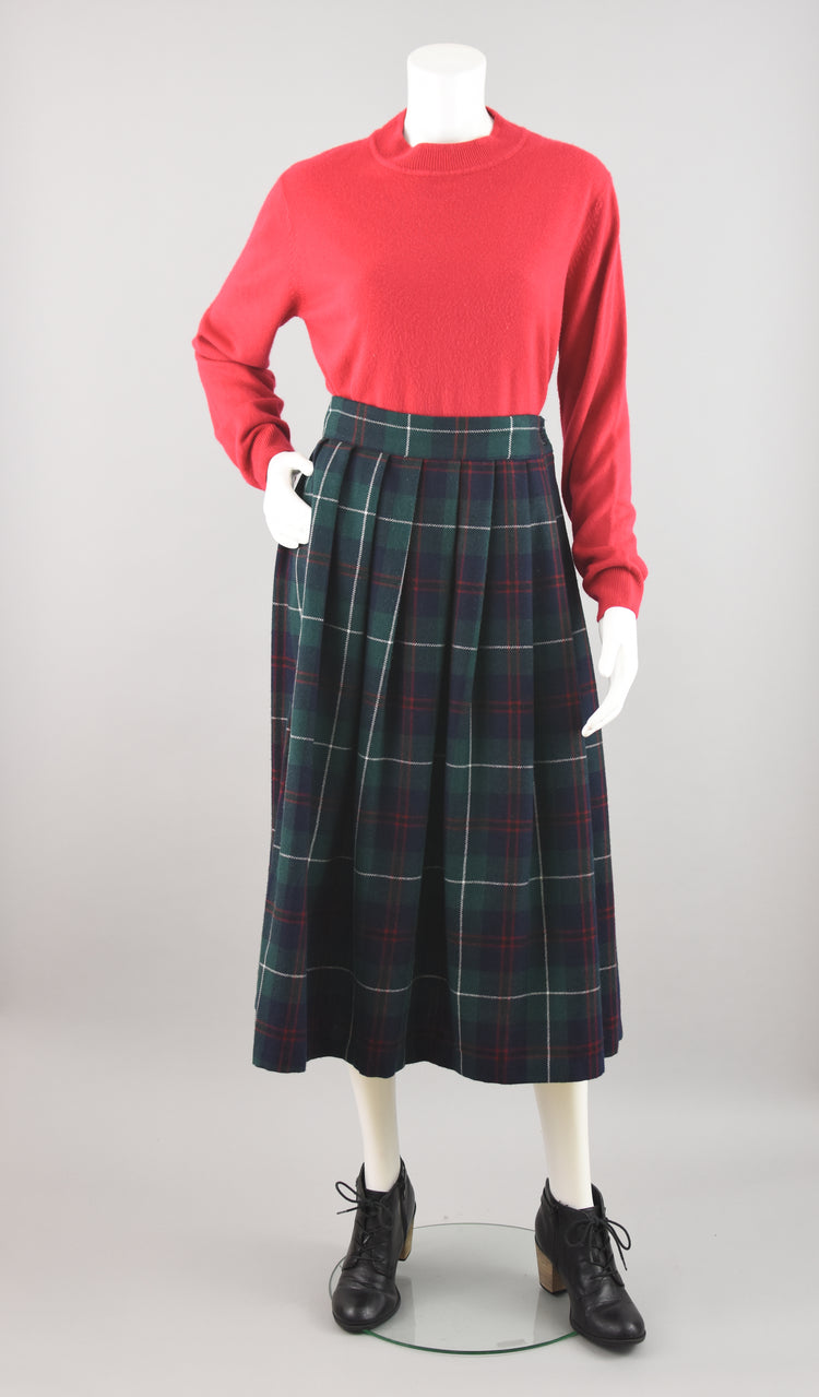 80s High Waist Plaid Wool Midi Skirt Women's Waist 28