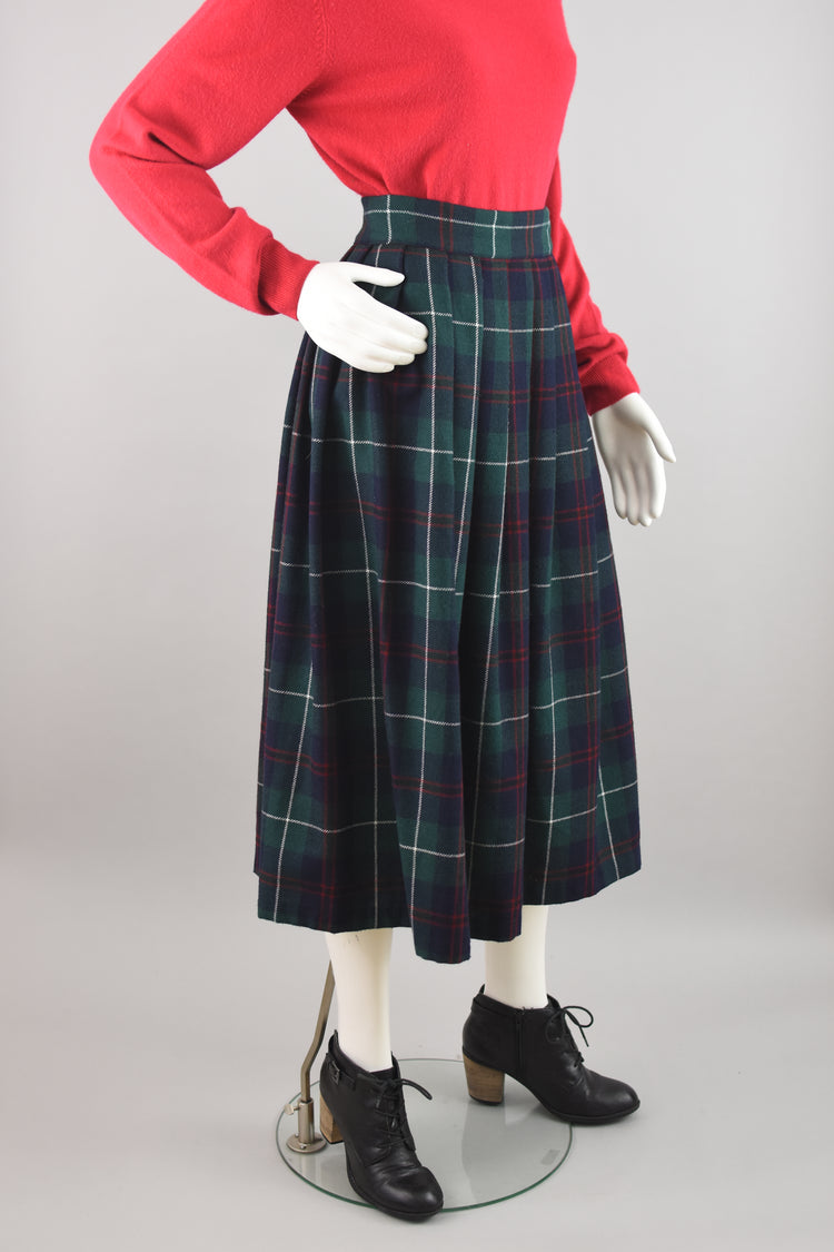 80s High Waist Plaid Wool Midi Skirt Women's Waist 28