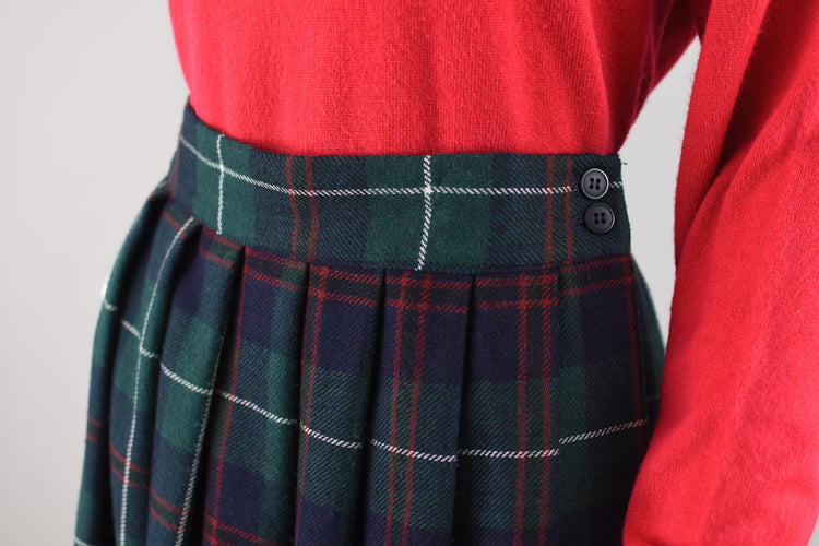 80s High Waist Plaid Wool Midi Skirt Women's Waist 28