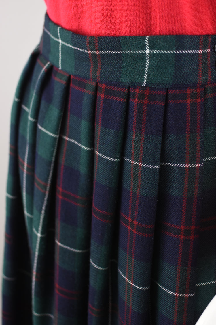 80s High Waist Plaid Wool Midi Skirt Women's Waist 28