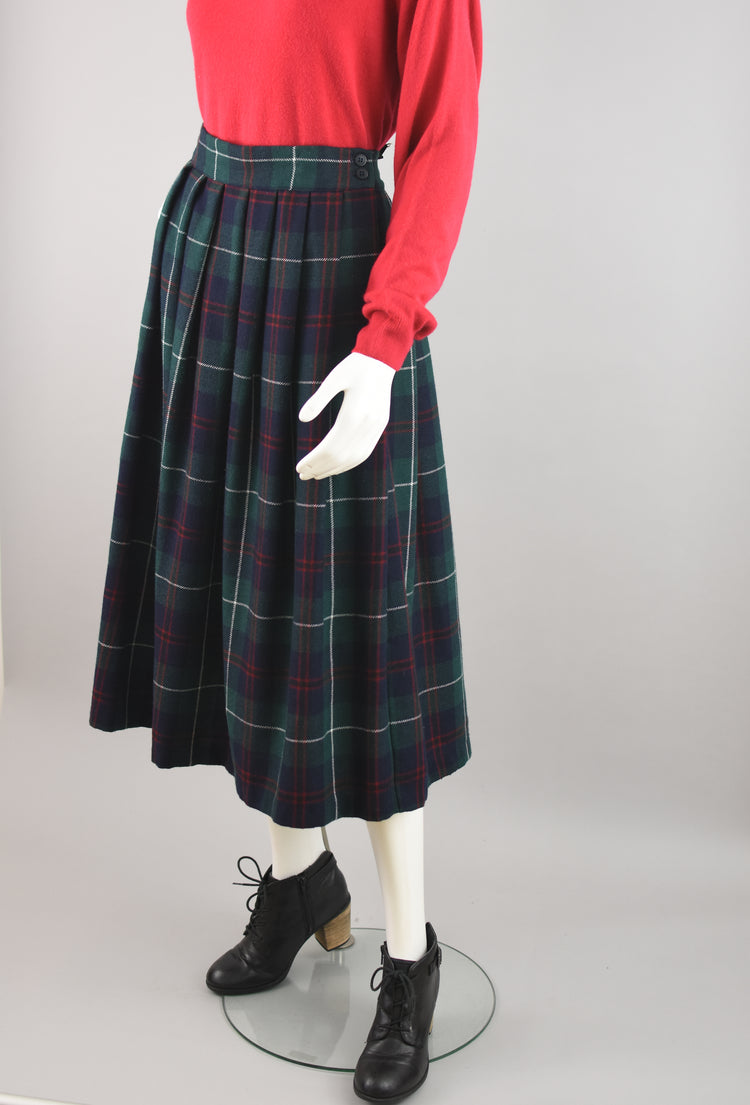 80s High Waist Plaid Wool Midi Skirt Women's Waist 28