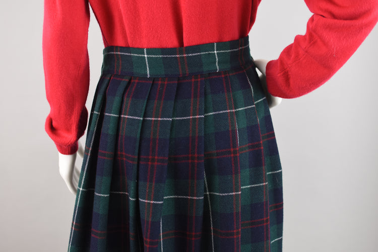 80s High Waist Plaid Wool Midi Skirt Women's Waist 28