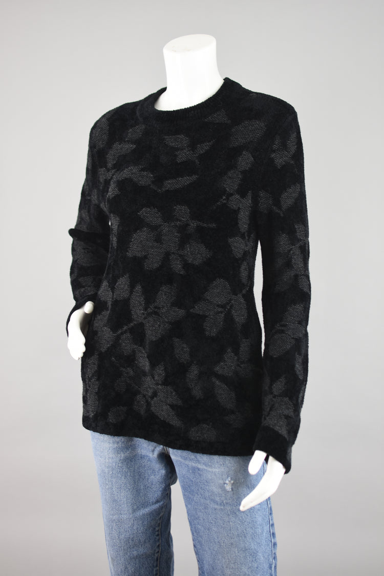 J. Jill Black Chenille Jacquard Floral Long Length Sweater, Women's Small