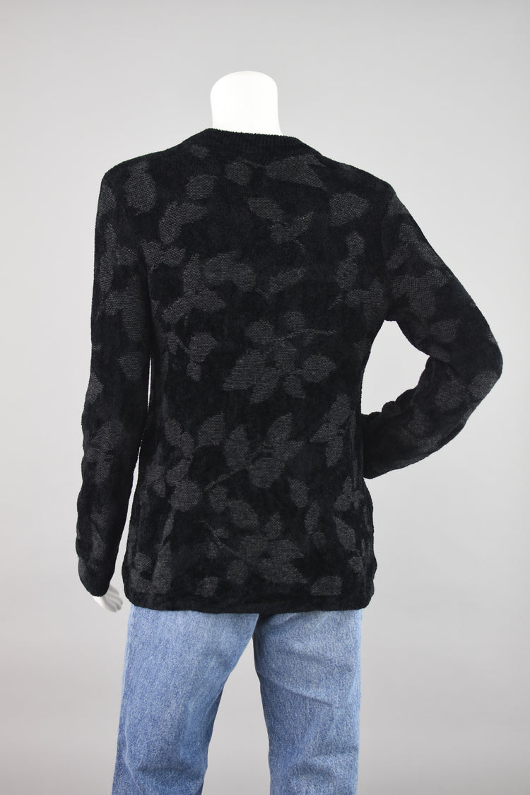 J. Jill Black Chenille Jacquard Floral Long Length Sweater, Women's Small