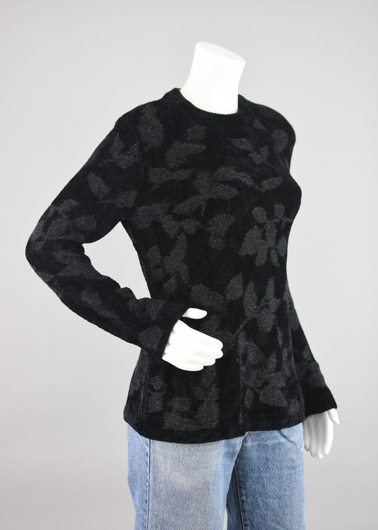 J. Jill Black Chenille Jacquard Floral Long Length Sweater, Women's Small