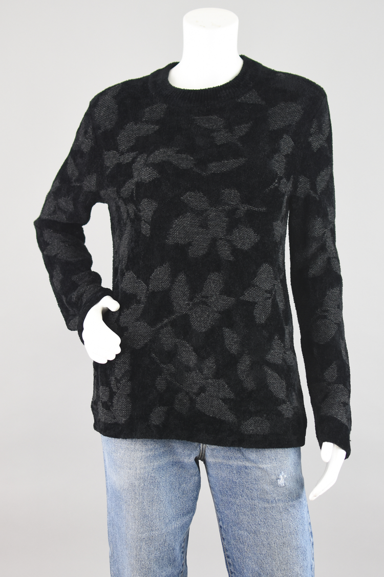 J. Jill Black Chenille Jacquard Floral Long Length Sweater, Women's Small