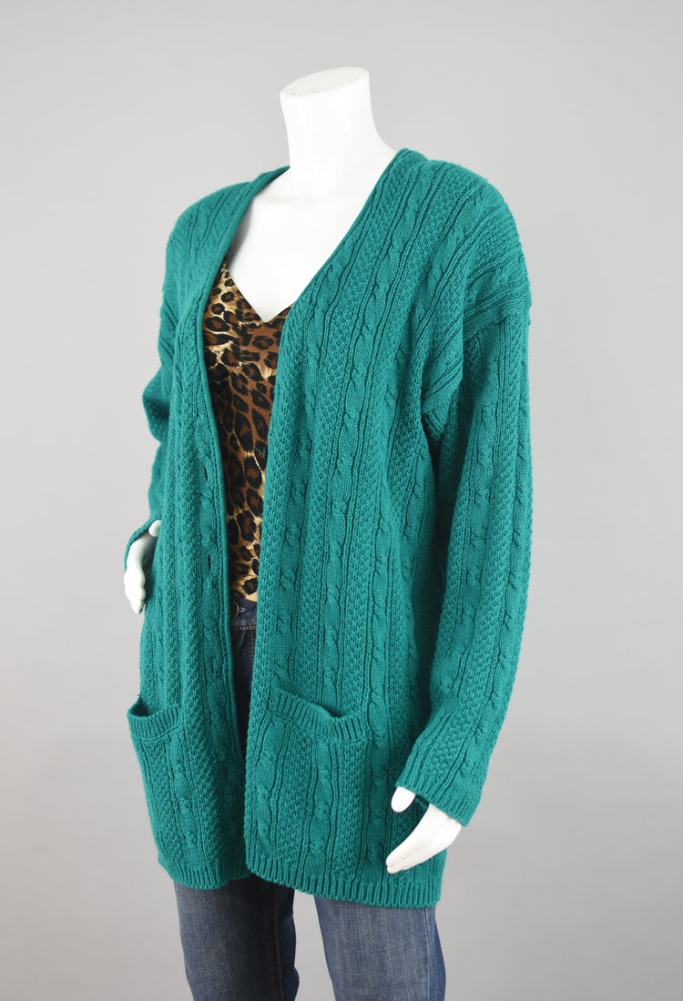 80s Green Chunky Cable Knit Cardigan Women's Large