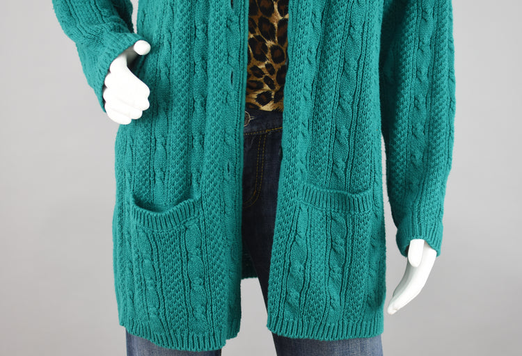 80s Green Chunky Cable Knit Cardigan Women's Large