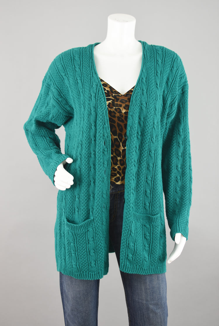 80s Green Chunky Cable Knit Cardigan Women's Large