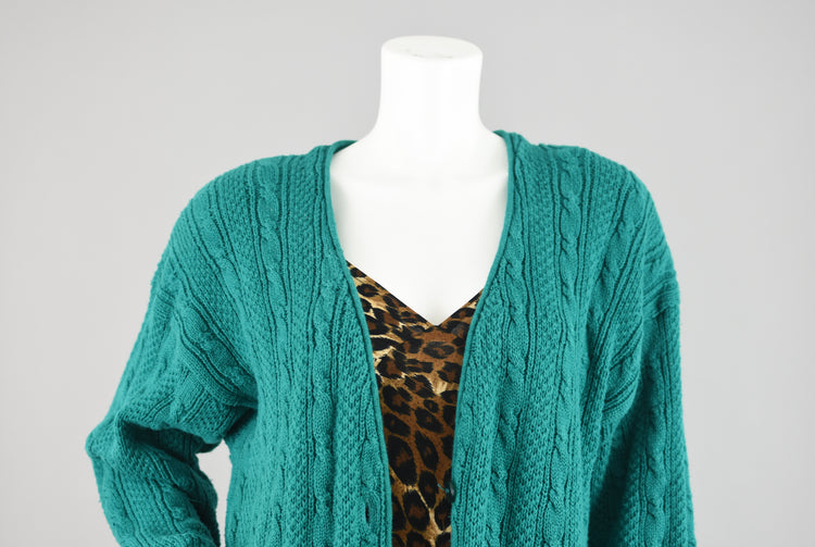 80s Green Chunky Cable Knit Cardigan Women's Large