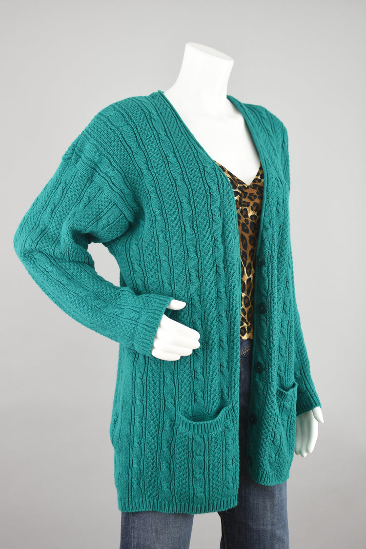 80s Green Chunky Cable Knit Cardigan Women's Large